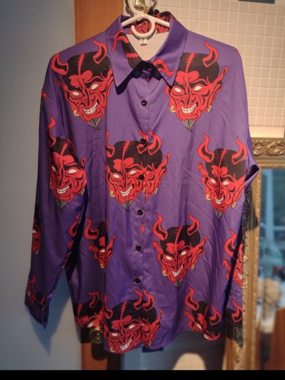 Purple Button-Up Shirt with Red Devil Face Print